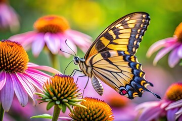 Obraz premium Eastern tiger swallowtail butterfly, portrait, on a purple cone flower.