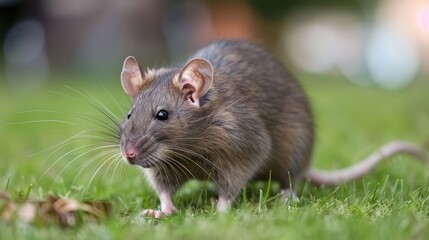 Close-up of a curious rat exploring a lush green lawn with vibrant bokeh background