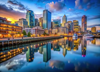 Obraz premium Dusk paints Seattle's waterfront, a vibrant architectural scene.