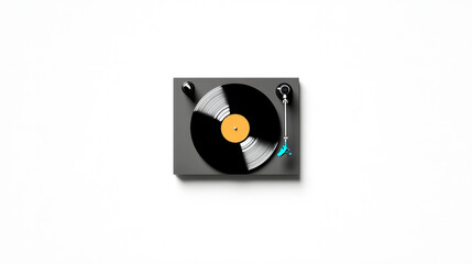 A modern turntable with a black vinyl record, featuring a yellow label, set against a minimalist white background.
