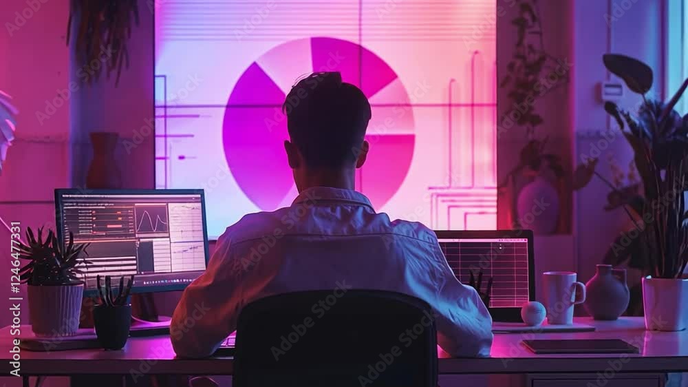 Poster creative professional analyzing data on multiple monitors in a modern workspace
