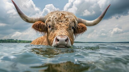 Highland cow swimming in a serene lake under a dramatic sky, showcasing nature's beauty