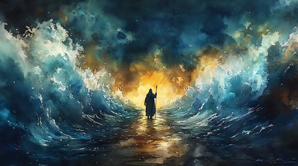 A watercolor painting of Moses standing on the dry path in the middle of the Red Sea, holding his staff high as towering walls of water rise on both sides,