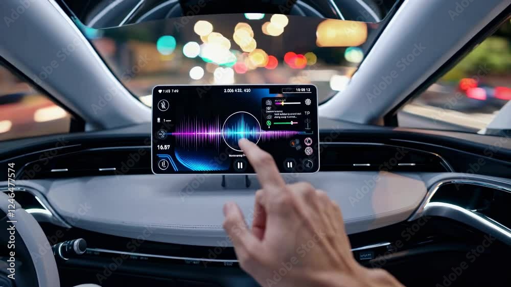 Aufkleber Exploring advanced car technology with interactive display and control features in urban nighttime driving