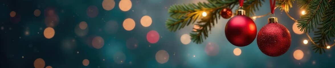 Obraz premium Twinkling Christmas ornaments suspended from a branch, Christmas balls hanging, ornament