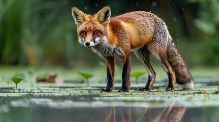 A red fox standing gracefully on a lily pad-covered pond, surrounded by lush greenery and reflections