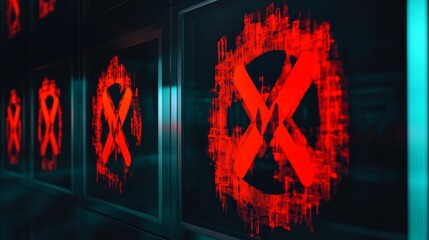 Glowing warning icon on a digital LCD display with reflection, symbolizing cyber attack, malware, ransomware, data breach, hacking, and compromised system security threats in the digital age