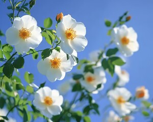 Fototapeta premium White Dog Rose Flowers with Orange Centers in Full Bloom, Close-Up View Against a Sky Blue Sky