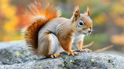 Fototapeta premium Squirrel perched on a rocky surface amidst a vibrant autumn backdrop, showcasing nature's beauty