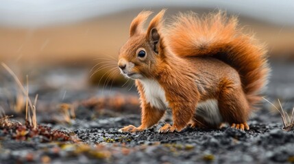 Obraz premium A vibrant red squirrel perched on rocky terrain, surrounded by sparse vegetation and a moody sky
