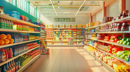 Minimalist grocery shopping highlighting vibrant colors and textures, highly detailed and vibrant, realistic yet creative depiction, emphasizing context and action