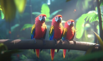 Obraz premium Three colorful parrots perched on a branch in a lush, sunlit jungle