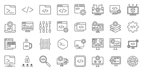 Development set of web icons in line style. development, coding, programming and software. Vector illustration