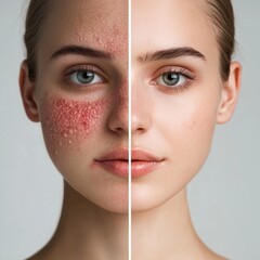 Comparison of acne and smooth skin revealing skin health challenges and transformations. Generative AI