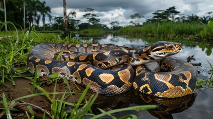 Fototapeta premium A vibrant snake resting on the riverbank surrounded by lush greenery and overcast skies