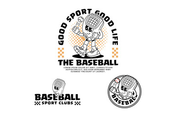 baseball gloves mitten retro cartoon character mascot outline line art illustration set with walking pose and throwing baseball ball for baseball softball sport club mascots and merchandise
