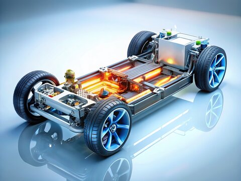 Cutaway view of EV chassis, showcasing battery pack.