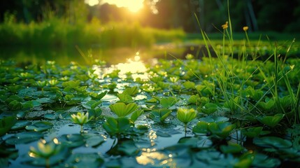 Fototapeta premium Serene pond with lily pads reflecting sunlight, surrounded by lush greenery and vibrant flora