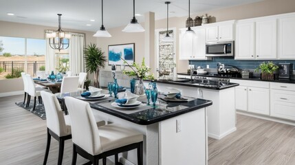 Fototapeta premium Spacious kitchen with white cabinetry, black granite countertops, and pendant lighting 