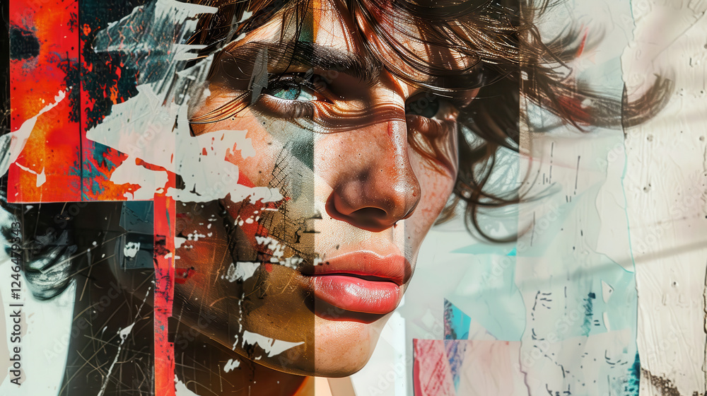 Poster artistic portrait of young man with abstract elements, showcasing modern art techniques and vibrant 