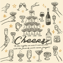 Beautiful hand drawn whimsical style vector Cocktail Party, Cheers invitation templates
