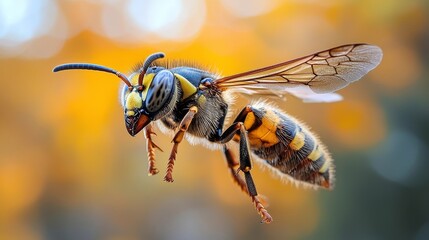 Sleek Wasp Mid Flight Against Blurred Natural Background Highlighting Insect Concept
