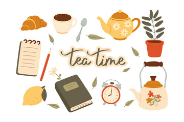 Tea time. Cute colored hand drawn drawings. Tea set.