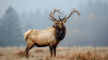 Majestic elk standing proudly in a misty meadow, surrounded by soft autumn foliage and trees