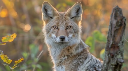 Fototapeta premium Close-up of a coyote gazing intently amidst a vibrant autumn landscape with blurred foliage