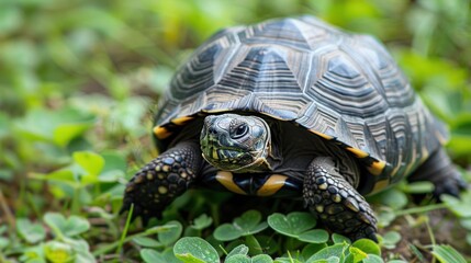 Obraz premium Close-up of a tortoise crawling through lush green clover in a serene natural setting