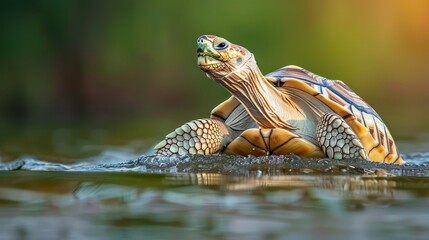 A turtle gracefully swims through calm waters, surrounded by lush greenery and soft sunlight