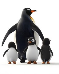 Obraz premium A family of animated penguins, including an adult and three chicks, standing together in a playful stance