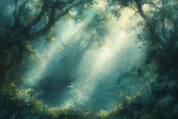 Obraz premium mystical rainforest scene shrouded in morning mist, ethereal sunbeams filtering through ancient canopy, rich emerald tones