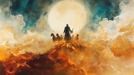 Elijah standing triumphantly in a chariot of fire, pulled by flaming horses as they ascend into a swirling sky, the clouds glowing with divine light, the watercolor brushstrokes creating a soft,