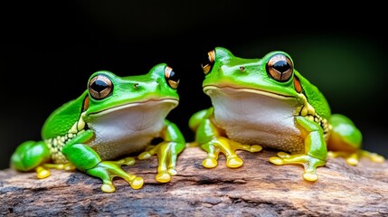 Two Green Tree Frogs Posing on Wood