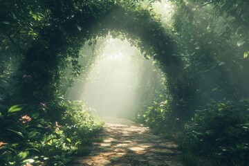 mystical sunlit jungle path through towering emerald canopy, ethereal mist filtering through dense foliage, creating natural archway, photorealistic wide-angle