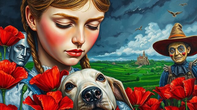 Dorothy and Toto Asleep in an Enchanted Poppy Field with the Tin Woodman and Scarecrow Near the Emerald City