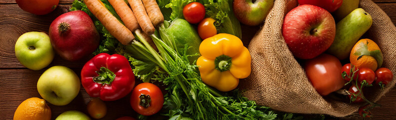 A banner sceneing a diverse collection of fruits and vegetables on a rustic food background. Peppers, oranges, and tomatoes add a burst of color to the scene.