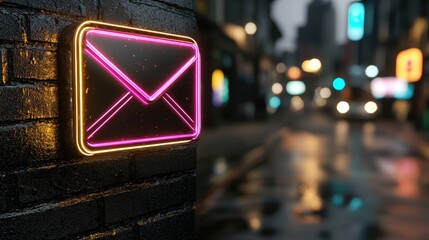 A neon pink and yellow envelope icon on a brick wall.