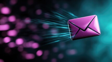 A purple envelope with a black outline and a blue light effect is shown against a dark blue background.