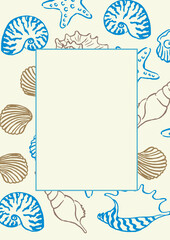 Vector  frame with seashells, border of line art tropical sea elements, seashells, starfish