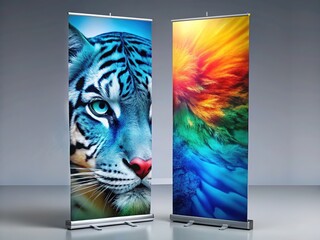 Bold double-sided roll-up banner with a cyan, black, white gradient.