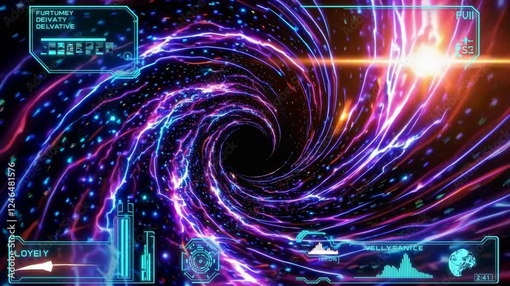 Poster journey through a vibrant cosmic vortex filled with dynamic energy and swirling lights in a futurist