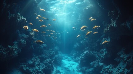 Fototapeta premium Underwater sunbeam illuminating fish school in a deep ocean trench.