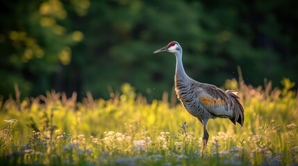 Fototapeta premium Majestic crane walking gracefully through a sunlit meadow, surrounded by vibrant wildflowers