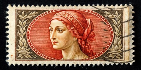 Obraz premium Black background postage stamp from Italy with a large area for your text. AI illustration.