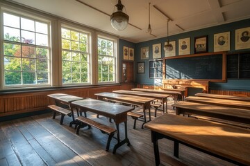 Fototapeta premium nostalgic empty classroom with rows of vintage wooden desks bathed in natural light from tall windows, dust particles floating, chalkboard visible, retro educational atmosphere