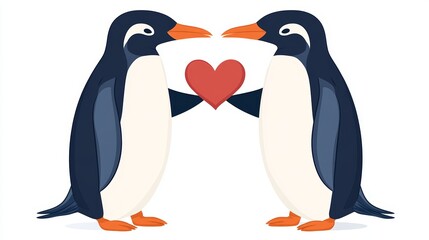 Obraz premium Two Penguins Sharing a Heart Valentine's Day Illustration