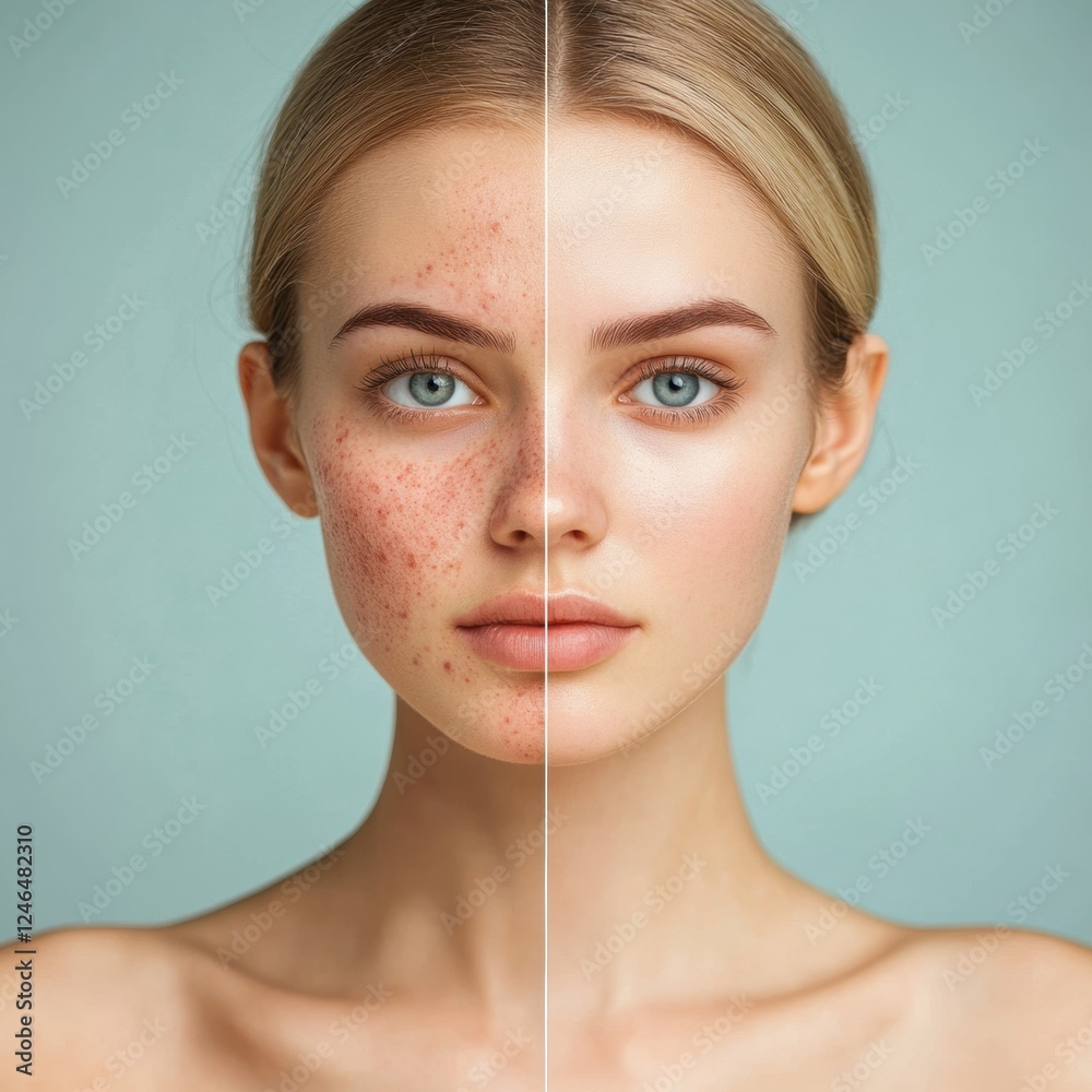 Aufkleber Split face comparison showcasing acne and redness on one side with smooth glowing skin on the other side. Generative AI