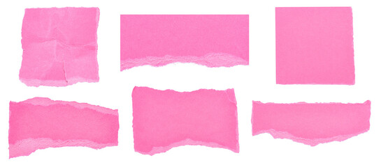 Collection set of cut out torn pieces of blank pink paper notes with texture and copy space for...